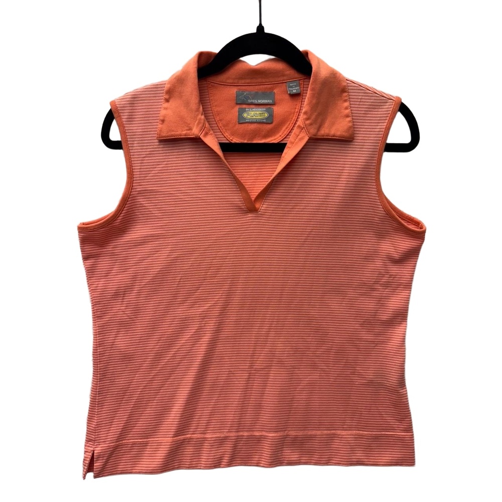 Greg‎ Norman Orange Striped Golf Sleeveless Polo Shirt Womens Size Medium